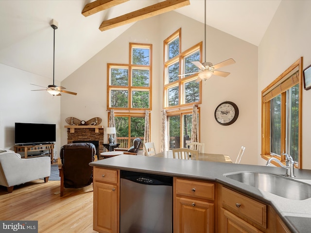 218 Nelson Way, Basye, VA 22810 - kitchen featuring stainless steel dishwasher, ceiling fan, a sink, high vaulted ceiling, and light wood finished floors