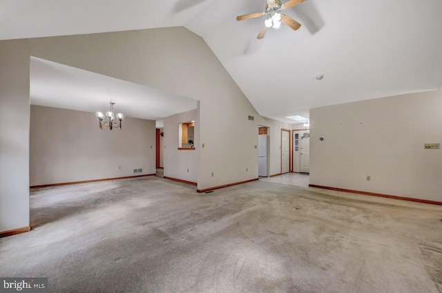 3115 Sparrow Ct, East Stroudsburg, PA 18302 - unfurnished living room with a chandelier, a ceiling fan, high vaulted ceiling, baseboards, and carpet floors