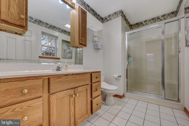 3115 Sparrow Ct, East Stroudsburg, PA 18302 - full bathroom featuring toilet, a shower stall, vanity, and tile patterned flooring