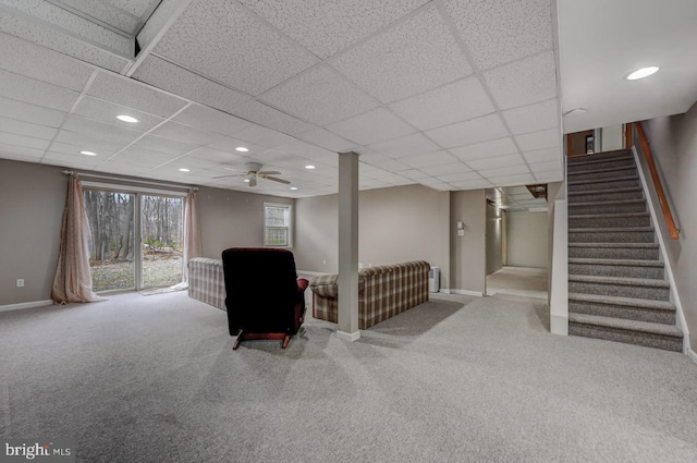 3115 Sparrow Ct, East Stroudsburg, PA 18302 - basement featuring carpet, baseboards, stairs, recessed lighting, and a paneled ceiling