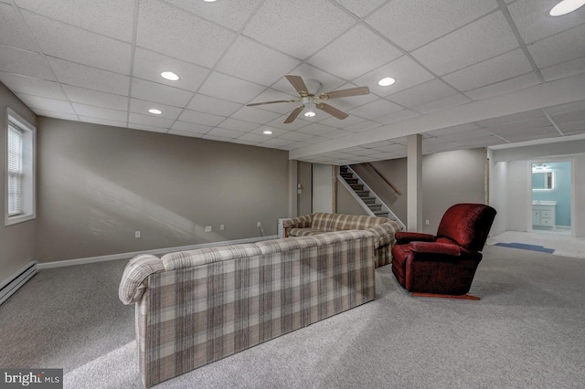 3115 Sparrow Ct, East Stroudsburg, PA 18302 - living area featuring carpet floors, stairway, recessed lighting, ceiling fan, and baseboards