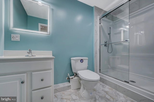 3115 Sparrow Ct, East Stroudsburg, PA 18302 - bathroom featuring toilet, a stall shower, vanity, and marble look tiles