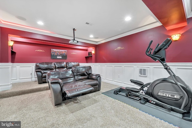 118 Connecticut Ave, Sinking Spring, PA 19608 - carpeted cinema room featuring crown molding, wainscoting, a decorative wall, and recessed lighting