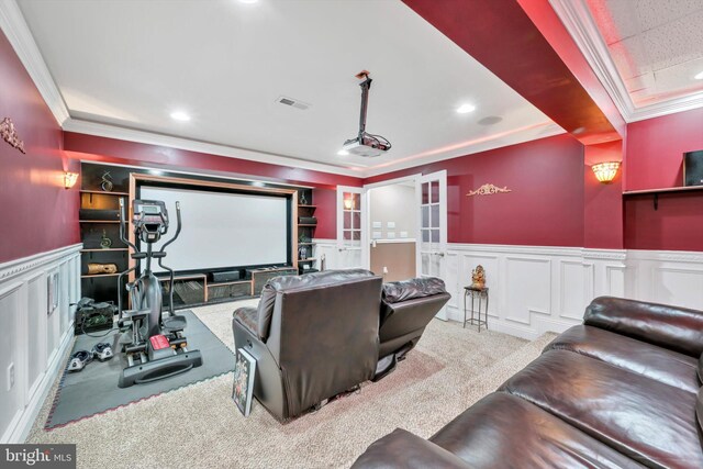 118 Connecticut Ave, Sinking Spring, PA 19608 - home theater with a decorative wall, ornamental molding, a wainscoted wall, carpet flooring, and recessed lighting