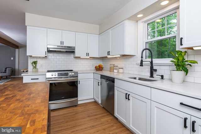 40 Grays Ln, Elverson, PA 19520 - kitchen with stainless steel appliances, a sink, under cabinet range hood, white cabinetry, and tasteful backsplash