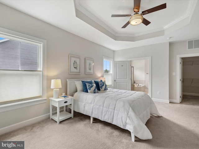 33512 Auburn Dr, Rehoboth Beach, DE 19971 - bedroom featuring ornamental molding, a raised ceiling, light carpet, baseboards, and ensuite bathroom