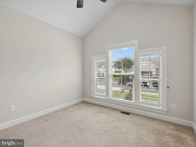33512 Auburn Dr, Rehoboth Beach, DE 19971 - empty room featuring carpet, a ceiling fan, baseboards, and high vaulted ceiling