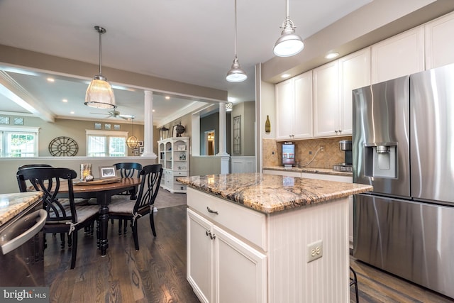 17 Brinker Dr Unit N, Doylestown, PA 18901 - kitchen with stainless steel refrigerator with ice dispenser, dark wood-style flooring, ceiling fan, a kitchen island, and recessed lighting