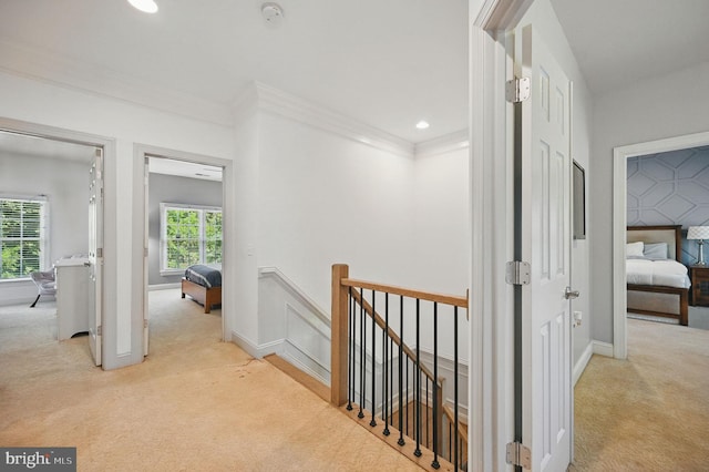 4788 Charter Ct, Woodbridge, VA 22192 - hall featuring an upstairs landing, carpet flooring, ornamental molding, and recessed lighting