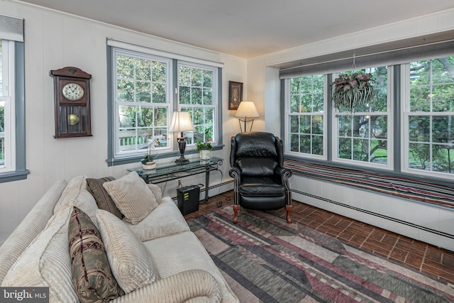 444 Sked St, Pennington, NJ 08534 - living area with a baseboard heating unit and brick patterned flooring