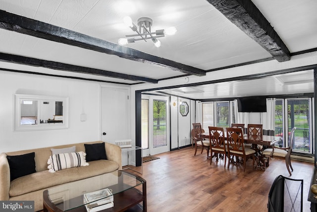 109 Knob Ct, Albrightsville, PA 18210 - living area featuring beamed ceiling, wood finished floors, and a chandelier