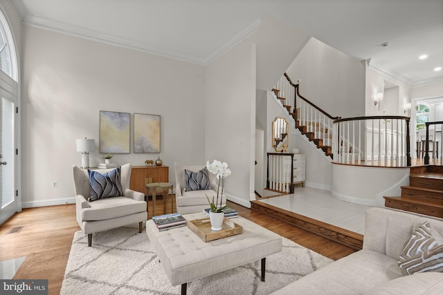 6638 Hampton View Pl, Mclean, VA 22101 - living area featuring ornamental molding, stairway, wood finished floors, baseboards, and recessed lighting