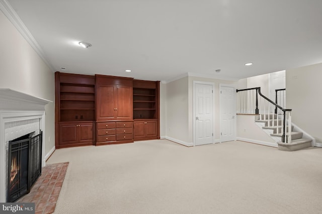6638 Hampton View Pl, Mclean, VA 22101 - unfurnished living room featuring ornamental molding, baseboards, a fireplace, light colored carpet, and recessed lighting