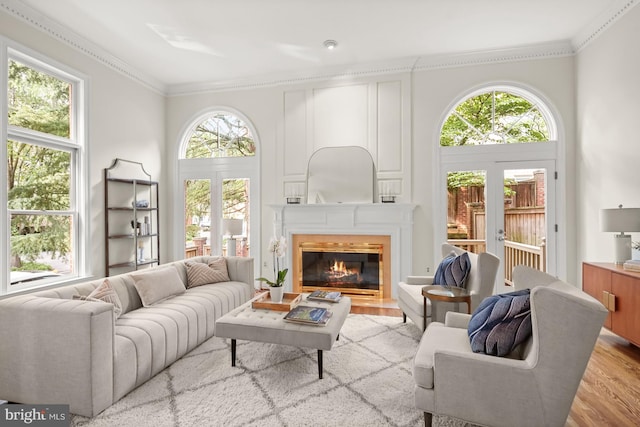 6638 Hampton View Pl, Mclean, VA 22101 - living area featuring wood finished floors, a fireplace with flush hearth, and ornamental molding