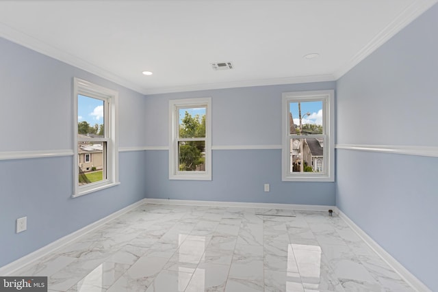 213 Franklin St, Hightstown, NJ 08520 - empty room with ornamental molding, plenty of natural light, baseboards, recessed lighting, and marble look tile flooring