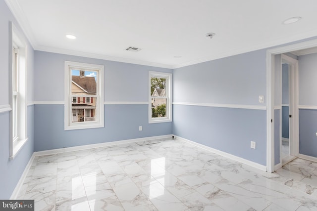 213 Franklin St, Hightstown, NJ 08520 - empty room featuring a pendent fire sprinkler, ornamental molding, recessed lighting, baseboards, and marble look tiles