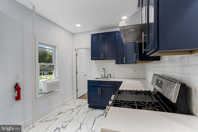 213 Franklin St, Hightstown, NJ 08520 - kitchen featuring gas range, blue cabinetry, a sink, extractor fan, and recessed lighting