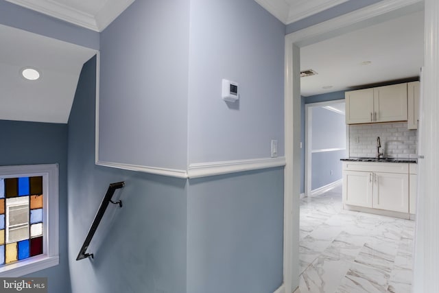 213 Franklin St, Hightstown, NJ 08520 - stairs with marble finish floors and ornamental molding