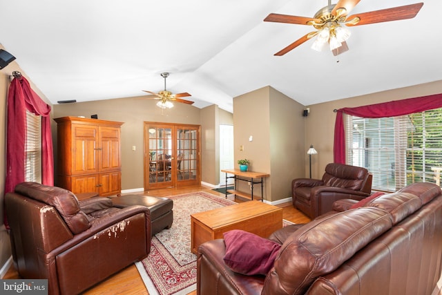 3 Cove Ct, Stafford, VA 22554 - living area featuring ceiling fan, light wood-type flooring, vaulted ceiling, french doors, and baseboards