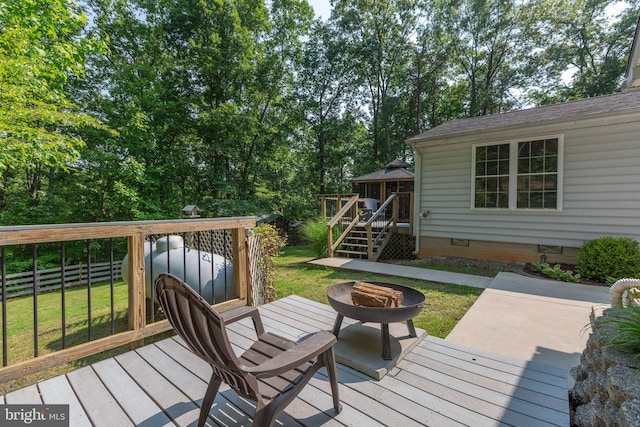 3 Cove Ct, Stafford, VA 22554 - wooden deck with a fire pit, a gazebo, a yard, stairway, and a patio area