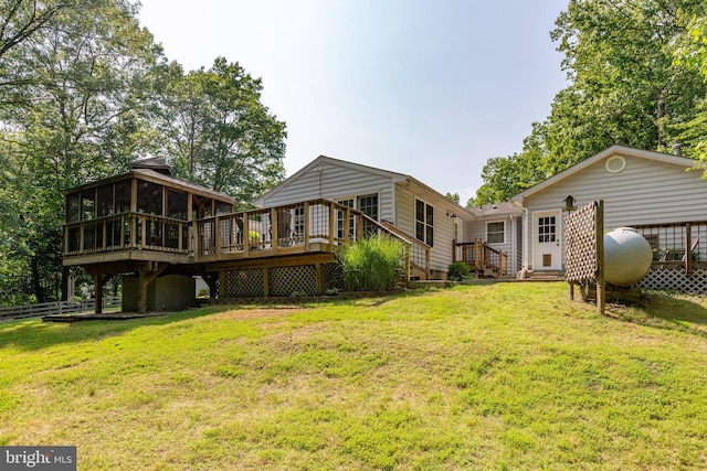 3 Cove Ct, Stafford, VA 22554 - back of property with a sunroom, a wooden deck, a lawn, and heating fuel