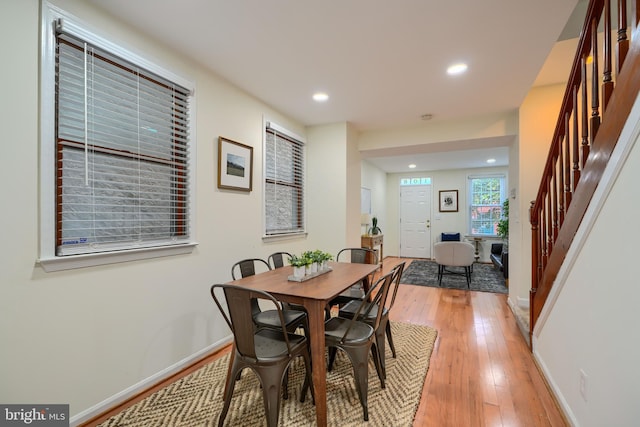 106 W Montgomery St, Baltimore, MD 21230 - dining space with light wood-style flooring, recessed lighting, and stairway