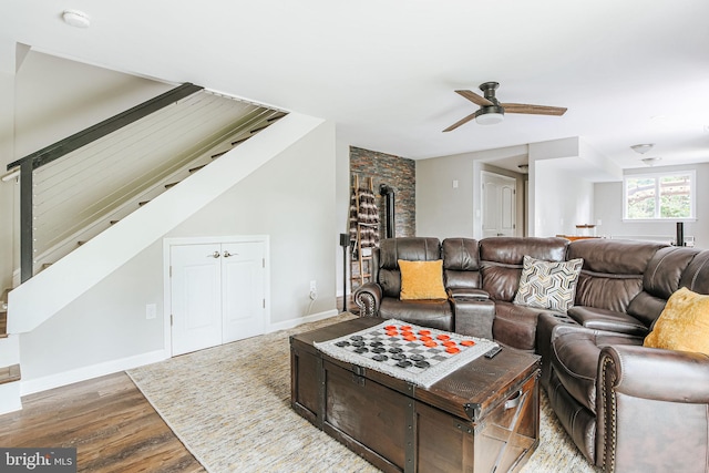 726 Harmony Orchard Rd, Front Royal, VA 22630 - living room with stairway, wood finished floors, ceiling fan, and baseboards