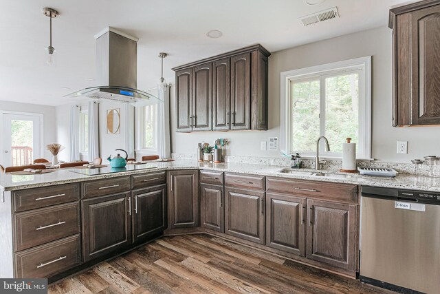 726 Harmony Orchard Rd, Front Royal, VA 22630 - kitchen with dishwasher, island range hood, a sink, a peninsula, and healthy amount of natural light