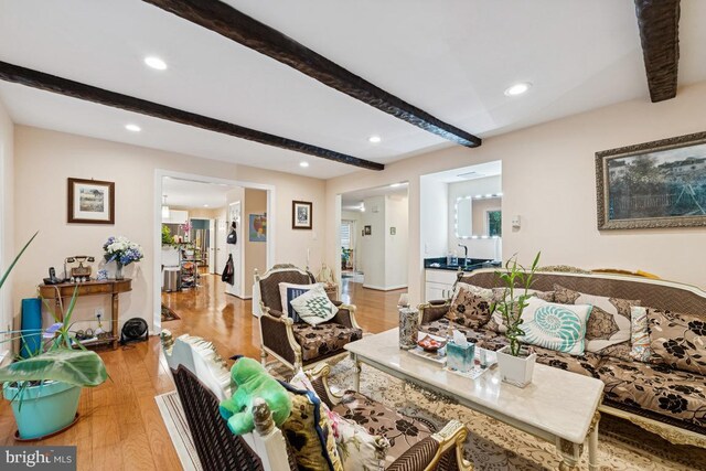 6625 Weatheford Ct, Mclean, VA 22101 - living area with beamed ceiling, light wood-style floors, and recessed lighting