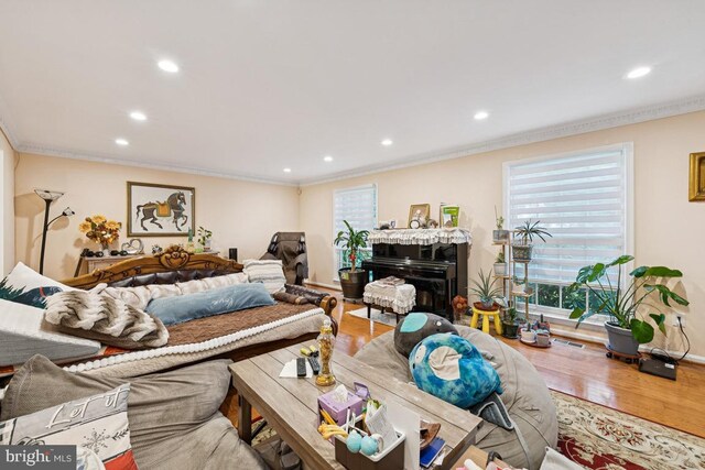 6625 Weatheford Ct, Mclean, VA 22101 - living room with ornamental molding, recessed lighting, wood finished floors, and a fireplace