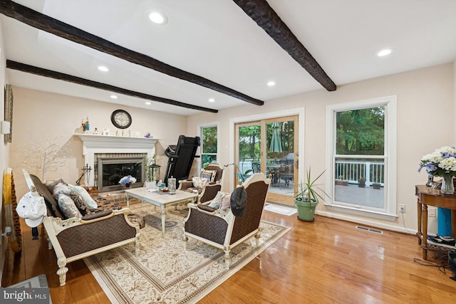 6625 Weatheford Ct, Mclean, VA 22101 - living room with wood finished floors, a fireplace, beam ceiling, recessed lighting, and baseboards