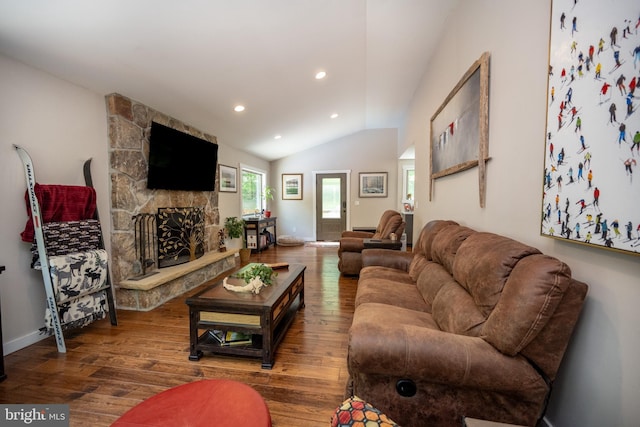 2250 Hoyes Run Rd, Mc Henry, MD 21541 - living room featuring wood finished floors, lofted ceiling, a fireplace, baseboards, and recessed lighting