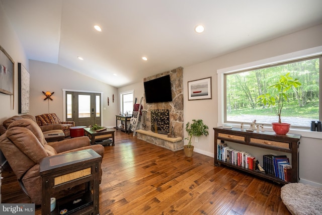 2250 Hoyes Run Rd, Mc Henry, MD 21541 - living room with hardwood / wood-style floors, lofted ceiling, a stone fireplace, baseboards, and recessed lighting
