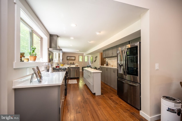 2250 Hoyes Run Rd, Mc Henry, MD 21541 - kitchen featuring stainless steel appliances, gray cabinets, wall chimney range hood, light countertops, and recessed lighting
