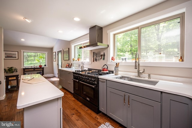 2250 Hoyes Run Rd, Mc Henry, MD 21541 - kitchen with gray cabinetry, double oven range, island range hood, a sink, and recessed lighting