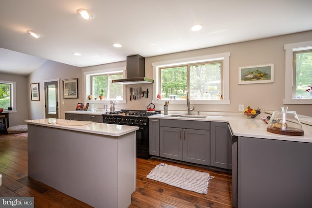 2250 Hoyes Run Rd, Mc Henry, MD 21541 - kitchen featuring a sink, gray cabinetry, wall chimney range hood, high end range, and light countertops