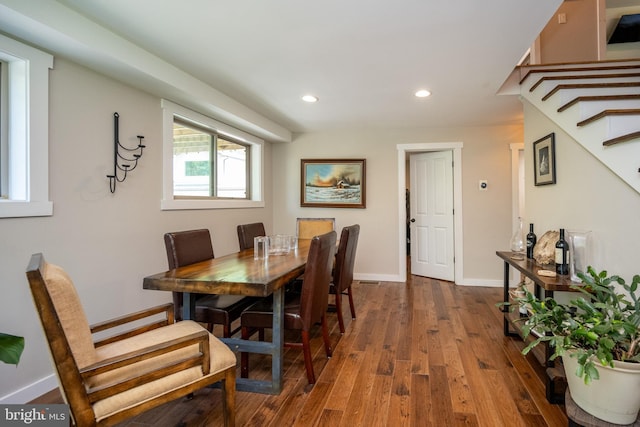 2250 Hoyes Run Rd, Mc Henry, MD 21541 - dining space with wood finished floors, stairs, baseboards, and recessed lighting