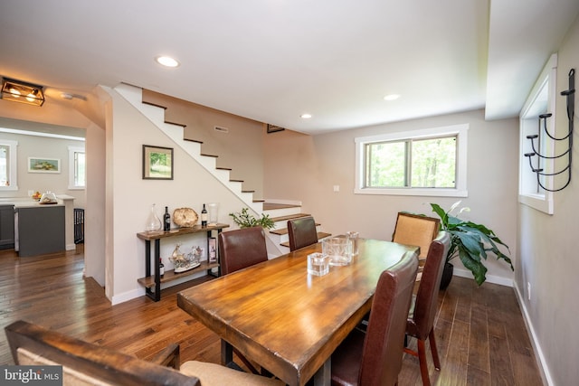 2250 Hoyes Run Rd, Mc Henry, MD 21541 - dining space featuring stairway, dark wood-style floors, baseboards, and recessed lighting