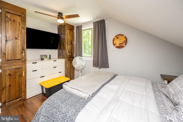 2250 Hoyes Run Rd, Mc Henry, MD 21541 - bedroom featuring dark wood-type flooring, vaulted ceiling, and a ceiling fan