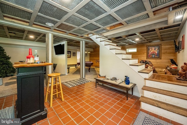 2250 Hoyes Run Rd, Mc Henry, MD 21541 - finished basement with stairway, a bar, wooden walls, and tile patterned flooring