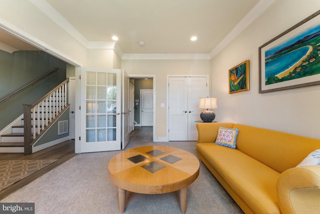 145 Center St S Unit 4, Vienna, VA 22180 - living area featuring french doors, stairs, ornamental molding, recessed lighting, and baseboards