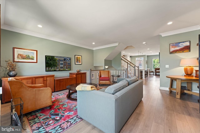 145 Center St S Unit 4, Vienna, VA 22180 - living area with crown molding, light wood-type flooring, recessed lighting, and stairway