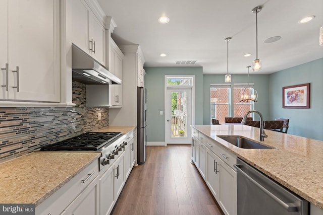 145 Center St S Unit 4, Vienna, VA 22180 - kitchen featuring a sink, stainless steel appliances, ventilation hood, baseboards, and decorative backsplash