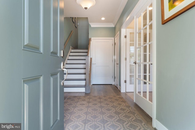 145 Center St S Unit 4, Vienna, VA 22180 - entryway with wood finished floors, stairs, crown molding, and recessed lighting