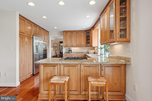 1028 Sandpiper Ln, Annapolis, MD 21403 - kitchen with stainless steel appliances, a peninsula, recessed lighting, light stone counters, and light wood finished floors