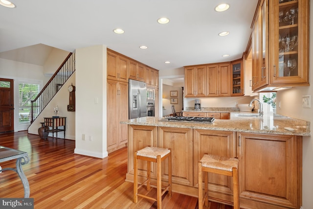 1028 Sandpiper Ln, Annapolis, MD 21403 - kitchen with appliances with stainless steel finishes, a peninsula, light stone countertops, light wood-style floors, and recessed lighting