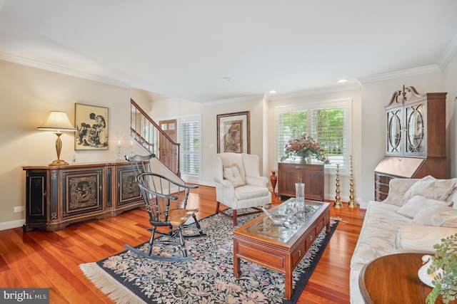 1028 Sandpiper Ln, Annapolis, MD 21403 - living area with ornamental molding, light wood-style floors, stairway, and recessed lighting