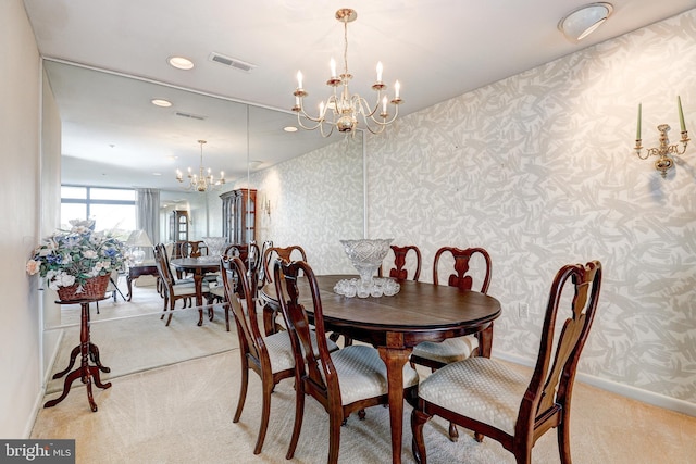 1 Smeton Place 506 & 606, Towson, MD 21204 - dining space with wallpapered walls, a chandelier, light carpet, baseboards, and recessed lighting