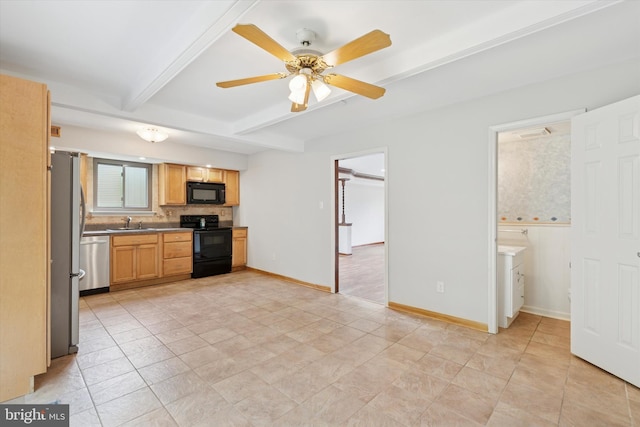 3447 Norwood Pl, Southampton, PA 18966 - kitchen with black appliances, beam ceiling, a ceiling fan, backsplash, and light tile patterned flooring