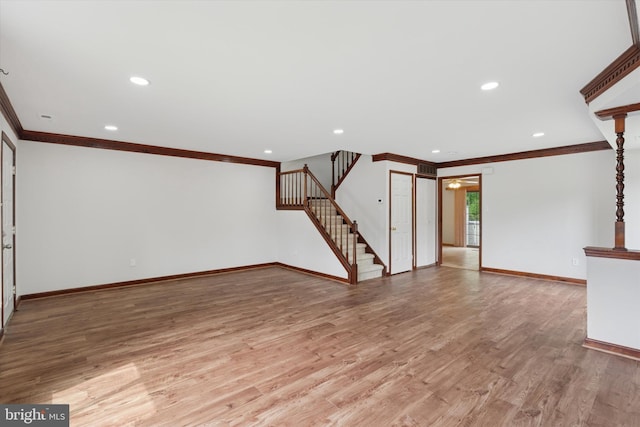 3447 Norwood Pl, Southampton, PA 18966 - unfurnished living room featuring crown molding, stairway, light wood-type flooring, and recessed lighting